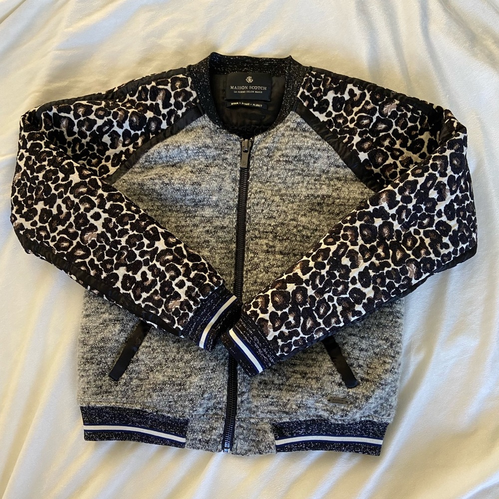 Scotch & Soda Gray Bomber Jacket with Leopard Print Sleeves